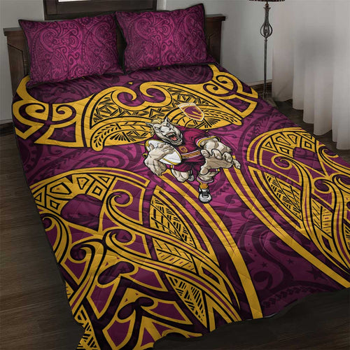 Brisbane Broncos Rugby Quilt Bed Set Polynesian Tribal Pattern Warrior Horse Maroon Gold Pattern