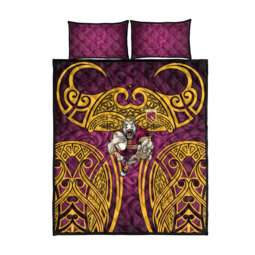 Brisbane Broncos Rugby Quilt Bed Set Polynesian Tribal Pattern Warrior Horse Maroon Gold Pattern