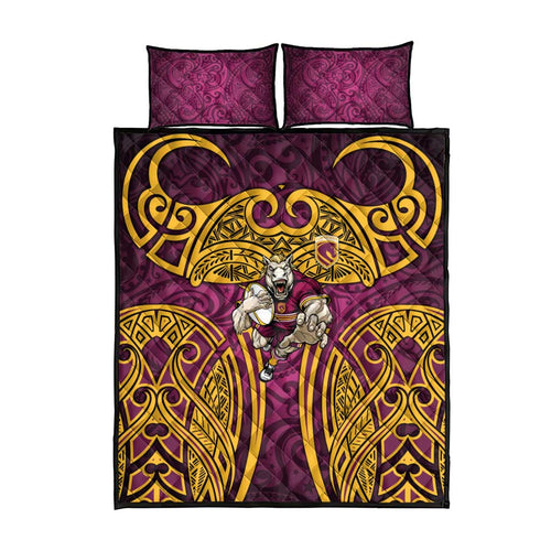 Brisbane Broncos Rugby Quilt Bed Set Polynesian Tribal Pattern Warrior Horse Maroon Gold Pattern