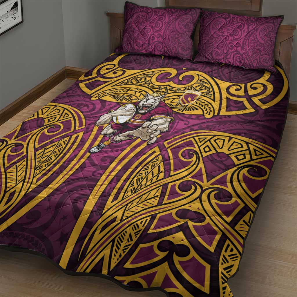Brisbane Broncos Rugby Quilt Bed Set Polynesian Tribal Pattern Warrior Horse Maroon Gold Pattern