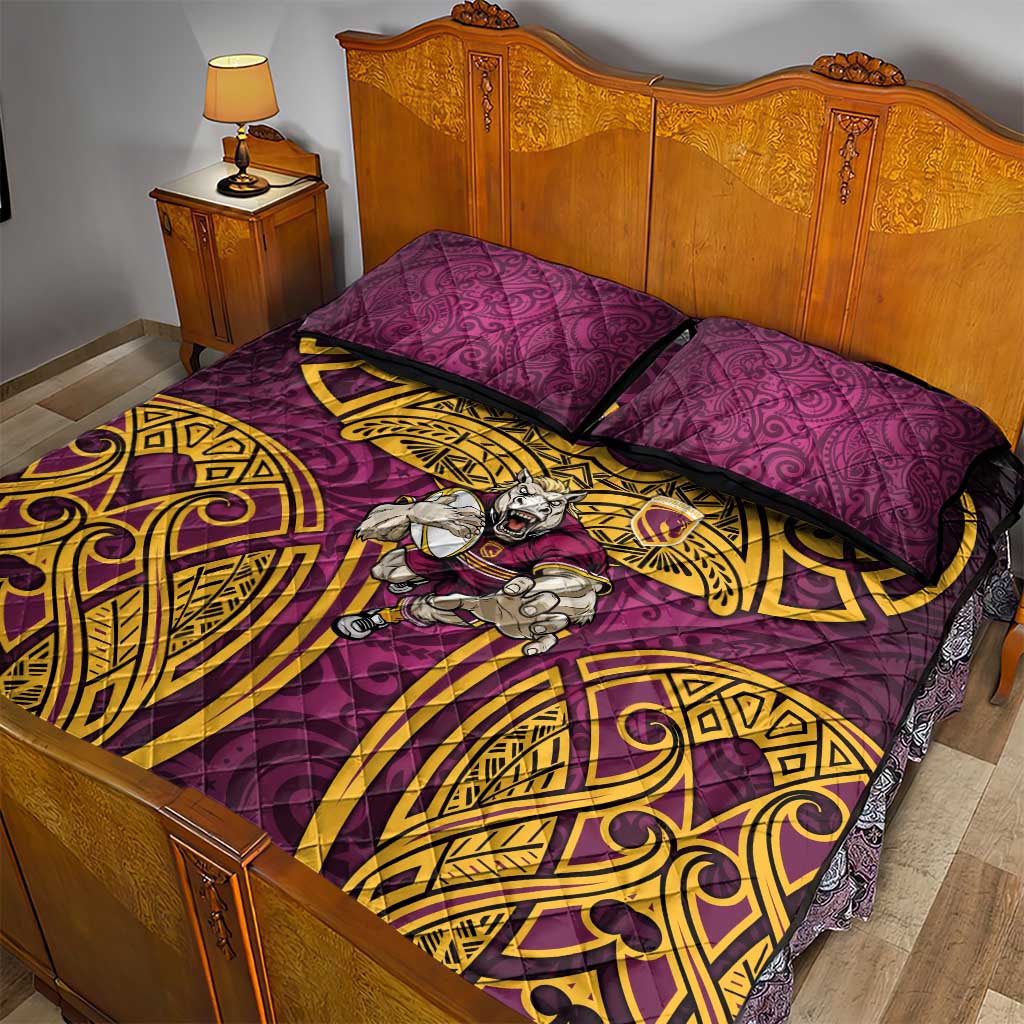 Brisbane Broncos Rugby Quilt Bed Set Polynesian Tribal Pattern Warrior Horse Maroon Gold Pattern
