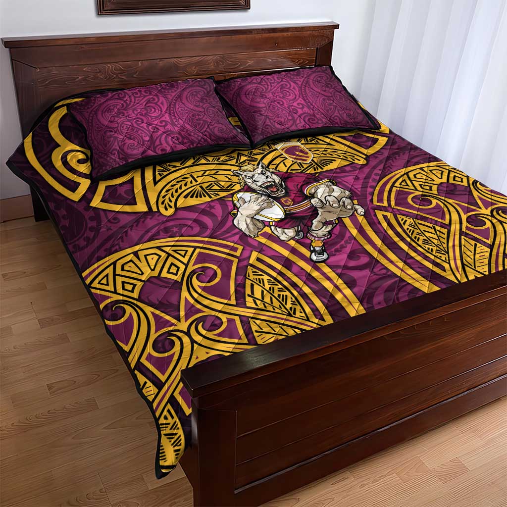 Brisbane Broncos Rugby Quilt Bed Set Polynesian Tribal Pattern Warrior Horse Maroon Gold Pattern