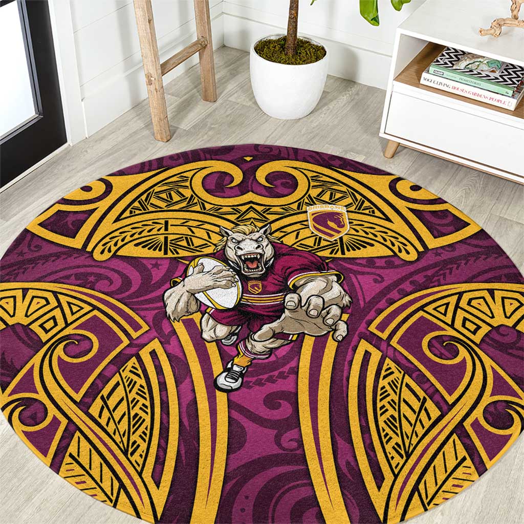 Brisbane Broncos Rugby Round Carpet Polynesian Tribal Pattern Warrior Horse Maroon Gold Pattern
