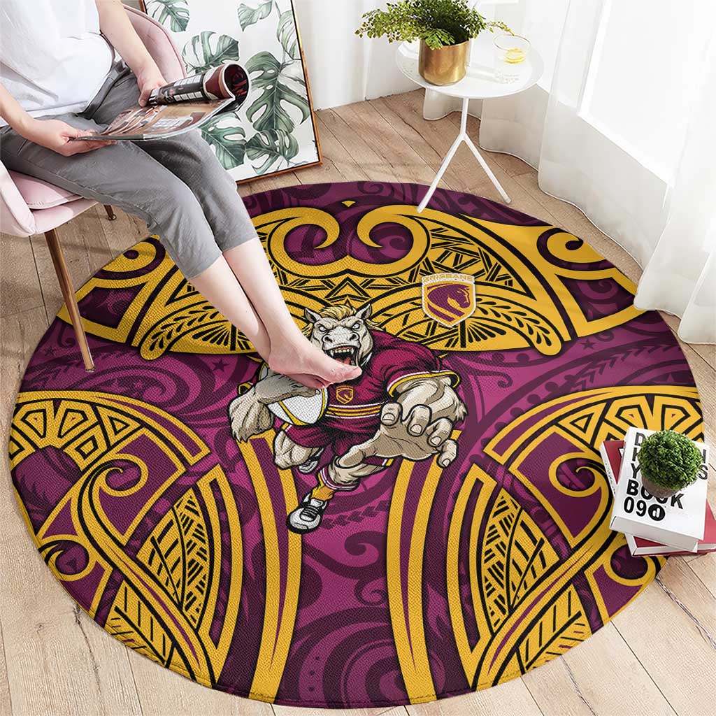 Brisbane Broncos Rugby Round Carpet Polynesian Tribal Pattern Warrior Horse Maroon Gold Pattern