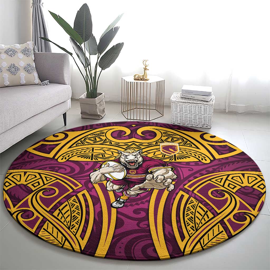 Brisbane Broncos Rugby Round Carpet Polynesian Tribal Pattern Warrior Horse Maroon Gold Pattern