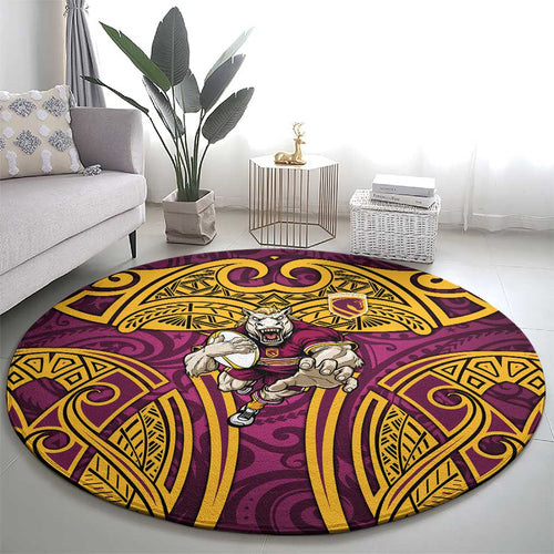 Brisbane Broncos Rugby Round Carpet Polynesian Tribal Pattern Warrior Horse Maroon Gold Pattern