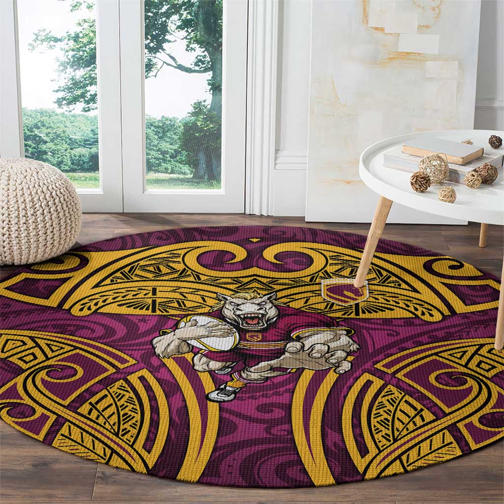 Brisbane Broncos Rugby Round Carpet Polynesian Tribal Pattern Warrior Horse Maroon Gold Pattern