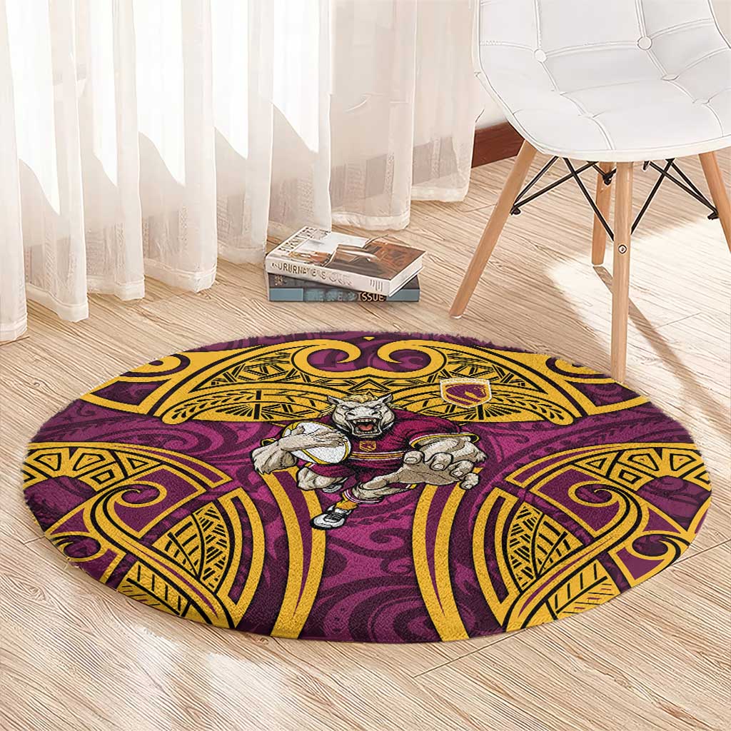 Brisbane Broncos Rugby Round Carpet Polynesian Tribal Pattern Warrior Horse Maroon Gold Pattern