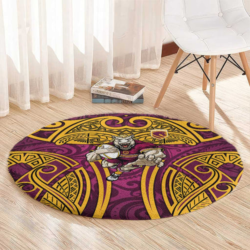 Brisbane Broncos Rugby Round Carpet Polynesian Tribal Pattern Warrior Horse Maroon Gold Pattern