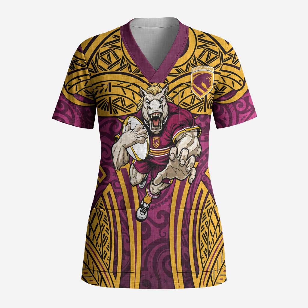 Brisbane Broncos Rugby Scrub Top Polynesian Tribal Pattern Warrior Horse Maroon Gold Pattern