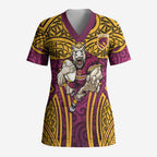 Brisbane Broncos Rugby Scrub Top Polynesian Tribal Pattern Warrior Horse Maroon Gold Pattern