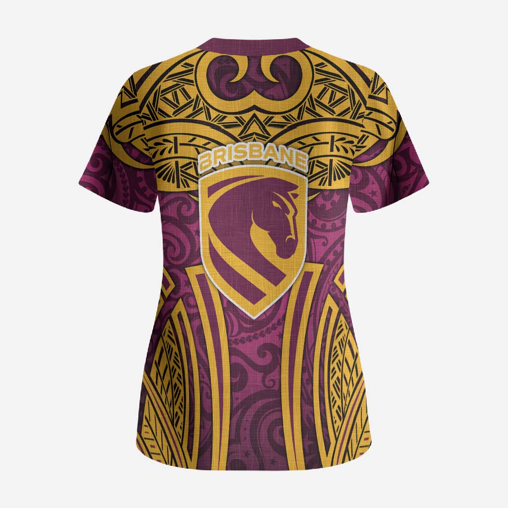 Brisbane Broncos Rugby Scrub Top Polynesian Tribal Pattern Warrior Horse Maroon Gold Pattern