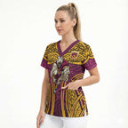 Brisbane Broncos Rugby Scrub Top Polynesian Tribal Pattern Warrior Horse Maroon Gold Pattern