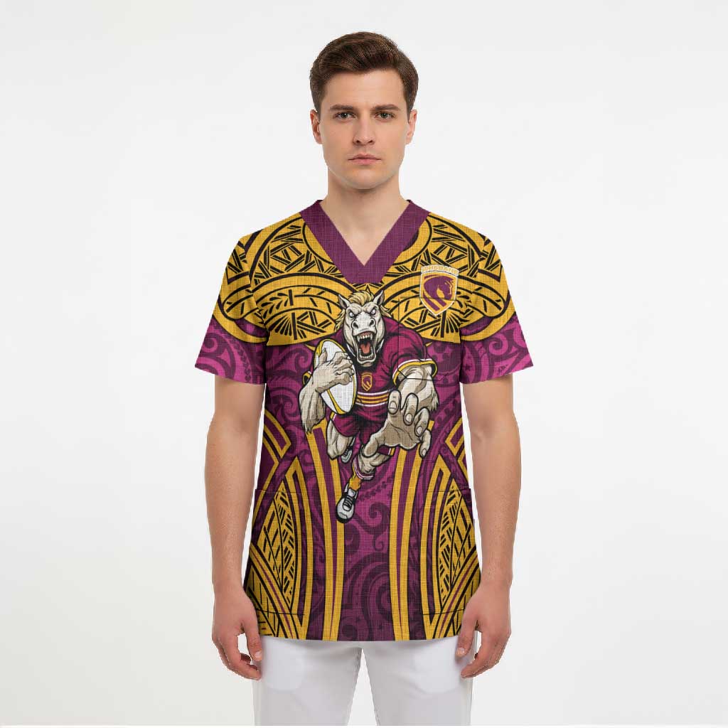Brisbane Broncos Rugby Scrub Top Polynesian Tribal Pattern Warrior Horse Maroon Gold Pattern