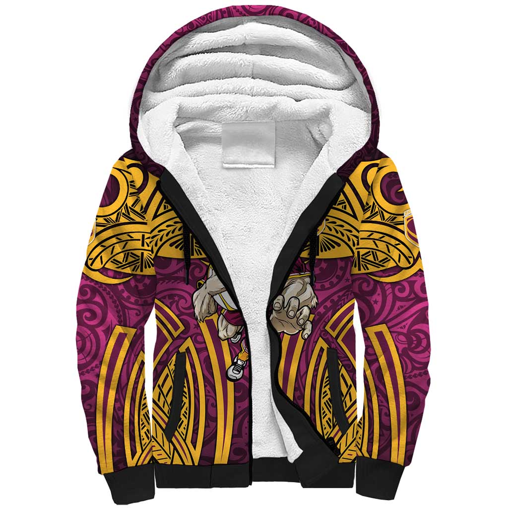 Brisbane Broncos Rugby Sherpa Hoodie Polynesian Tribal Pattern Warrior Horse Maroon Gold Pattern