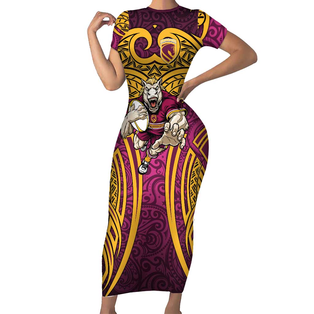 Brisbane Broncos Rugby Short Sleeve Bodycon Dress Polynesian Tribal Pattern Warrior Horse Maroon Gold Pattern