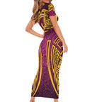 Brisbane Broncos Rugby Short Sleeve Bodycon Dress Polynesian Tribal Pattern Warrior Horse Maroon Gold Pattern