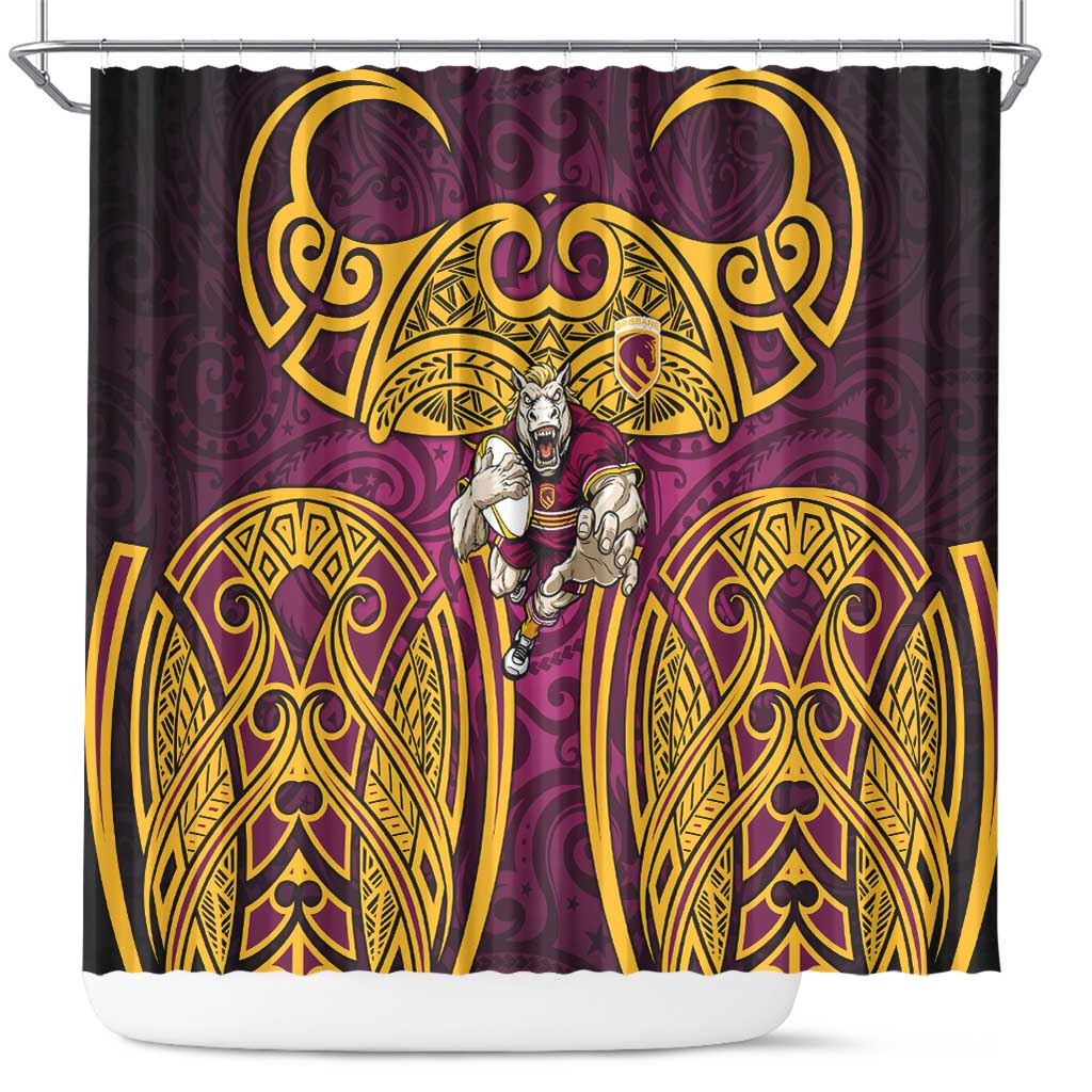 Brisbane Broncos Rugby Shower Curtain Polynesian Tribal Pattern Warrior Horse Maroon Gold Pattern