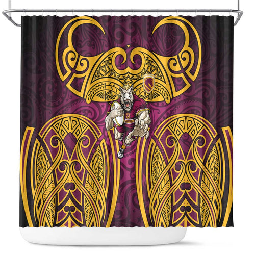 Brisbane Broncos Rugby Shower Curtain Polynesian Tribal Pattern Warrior Horse Maroon Gold Pattern