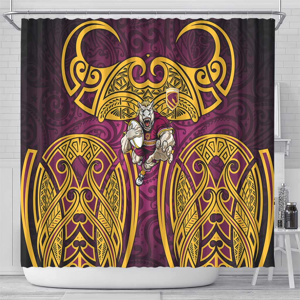 Brisbane Broncos Rugby Shower Curtain Polynesian Tribal Pattern Warrior Horse Maroon Gold Pattern