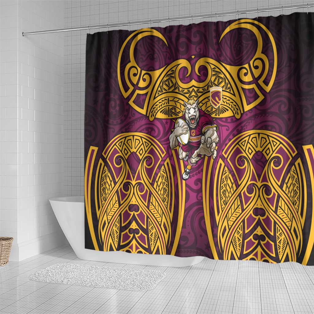 Brisbane Broncos Rugby Shower Curtain Polynesian Tribal Pattern Warrior Horse Maroon Gold Pattern