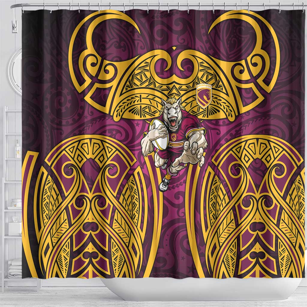 Brisbane Broncos Rugby Shower Curtain Polynesian Tribal Pattern Warrior Horse Maroon Gold Pattern