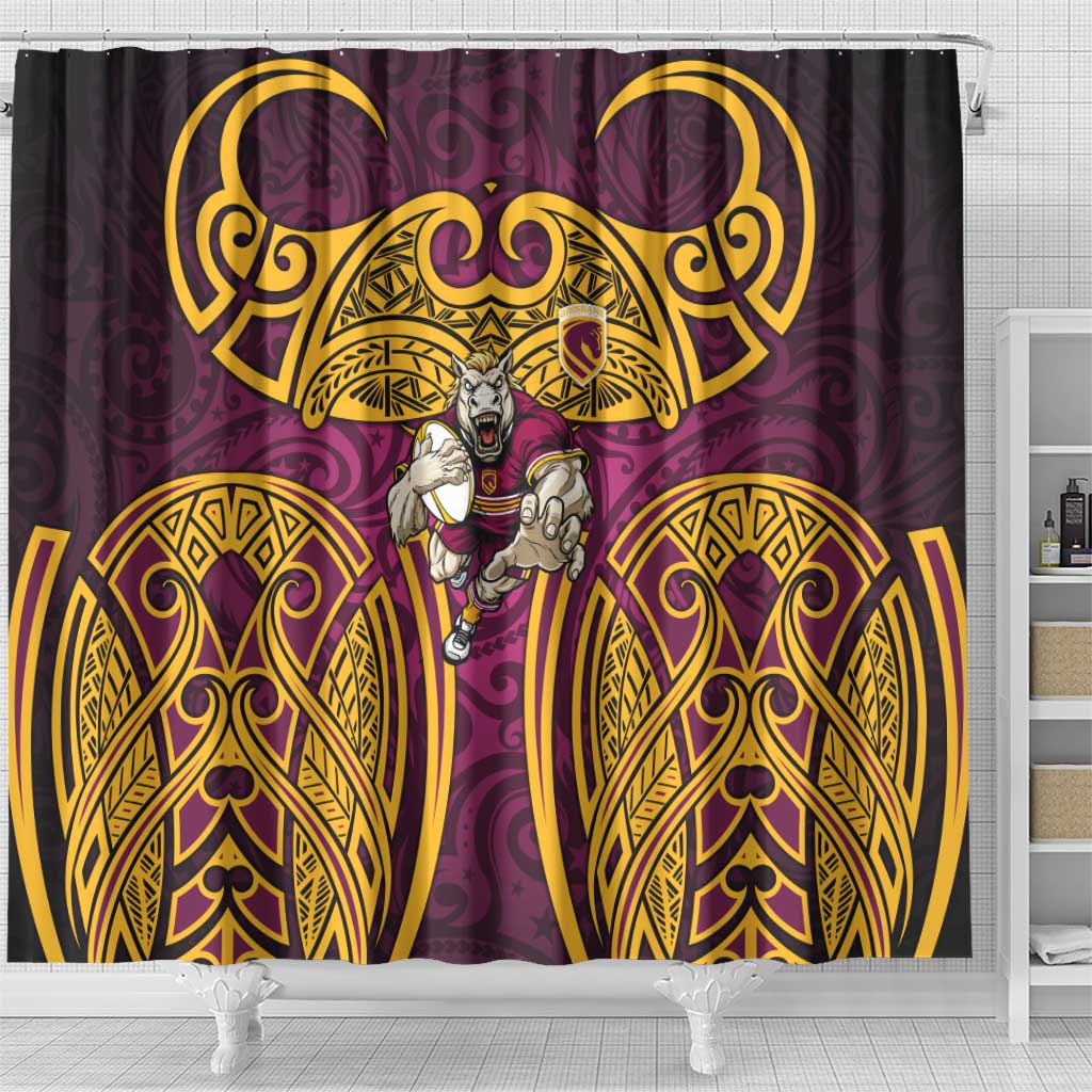 Brisbane Broncos Rugby Shower Curtain Polynesian Tribal Pattern Warrior Horse Maroon Gold Pattern