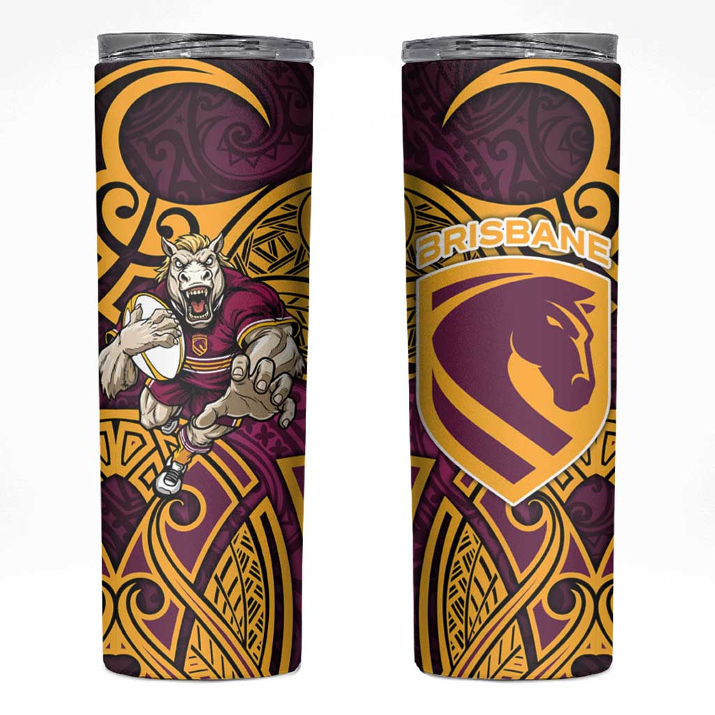 Brisbane Broncos Rugby Skinny Tumbler Polynesian Tribal Pattern Warrior Horse Maroon Gold Pattern