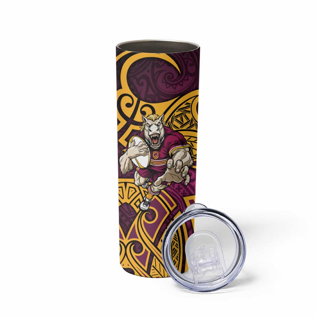 Brisbane Broncos Rugby Skinny Tumbler Polynesian Tribal Pattern Warrior Horse Maroon Gold Pattern