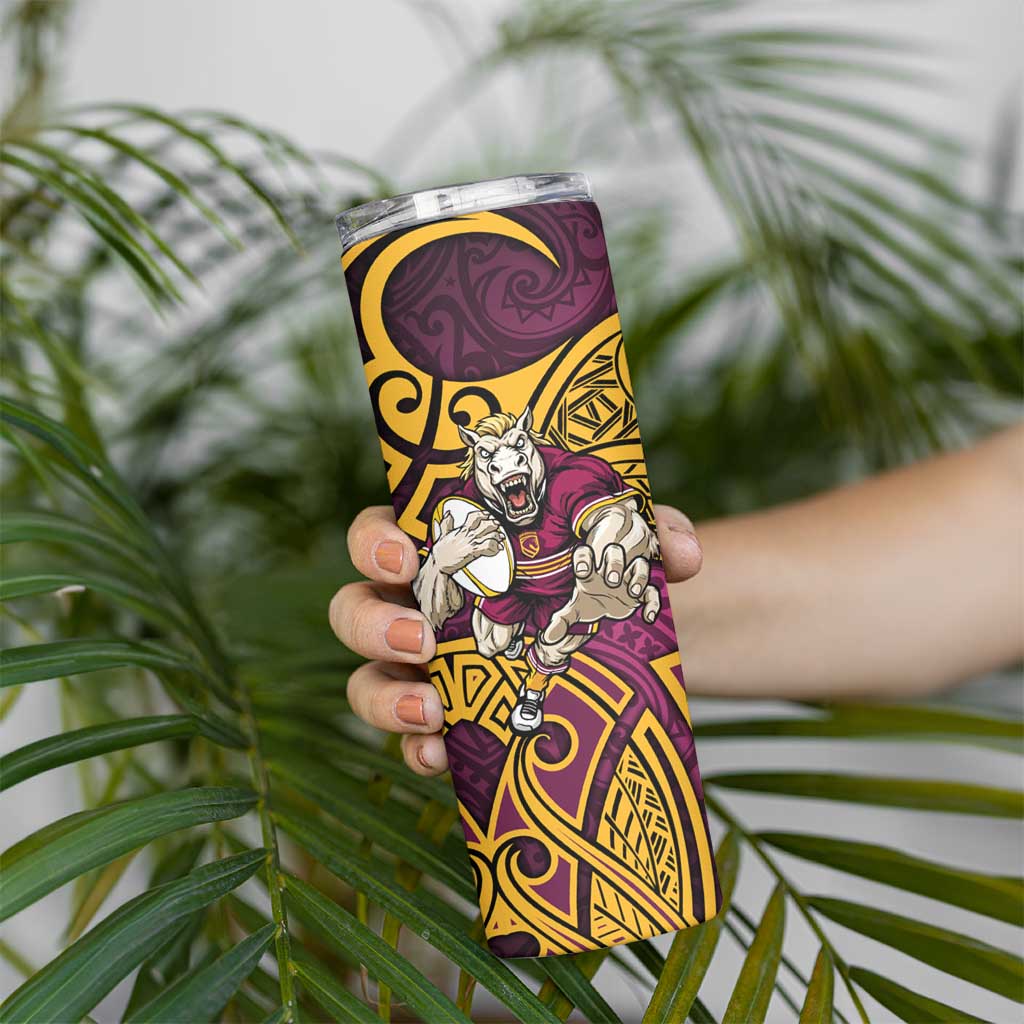 Brisbane Broncos Rugby Skinny Tumbler Polynesian Tribal Pattern Warrior Horse Maroon Gold Pattern