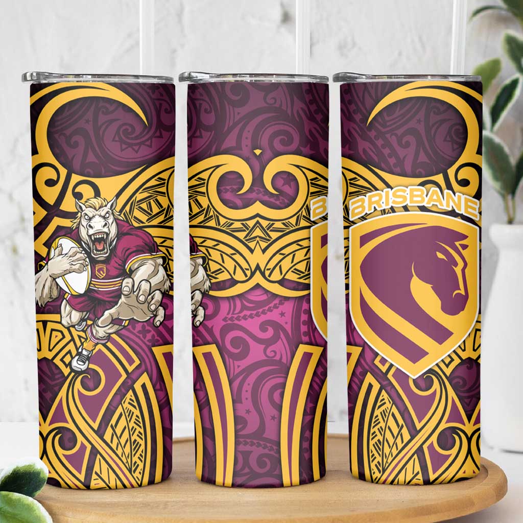 Brisbane Broncos Rugby Skinny Tumbler Polynesian Tribal Pattern Warrior Horse Maroon Gold Pattern