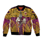 Brisbane Broncos Rugby Sleeve Zip Bomber Jacket Polynesian Tribal Pattern Warrior Horse Maroon Gold Pattern