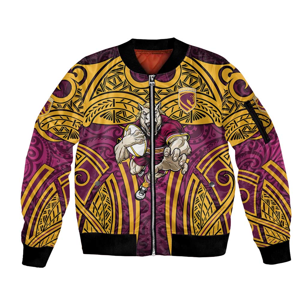 Brisbane Broncos Rugby Sleeve Zip Bomber Jacket Polynesian Tribal Pattern Warrior Horse Maroon Gold Pattern