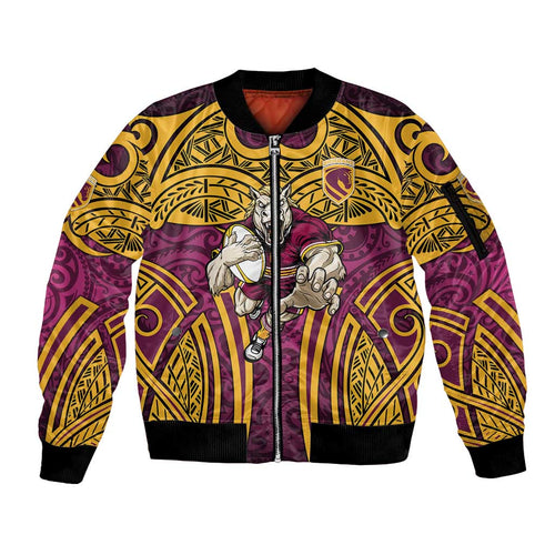 Brisbane Broncos Rugby Sleeve Zip Bomber Jacket Polynesian Tribal Pattern Warrior Horse Maroon Gold Pattern