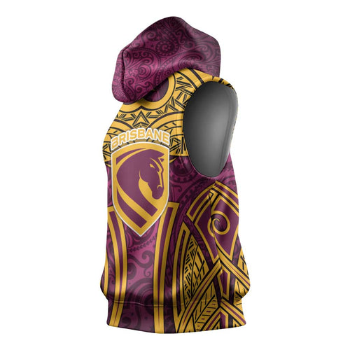 Brisbane Broncos Rugby Sleeveless Hoodie Polynesian Tribal Pattern Warrior Horse Maroon Gold Pattern