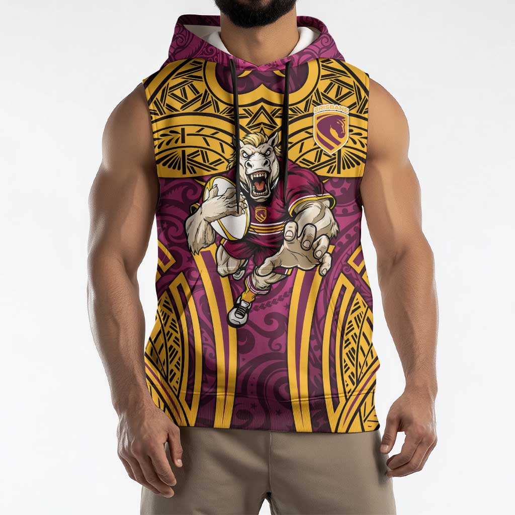Brisbane Broncos Rugby Sleeveless Hoodie Polynesian Tribal Pattern Warrior Horse Maroon Gold Pattern