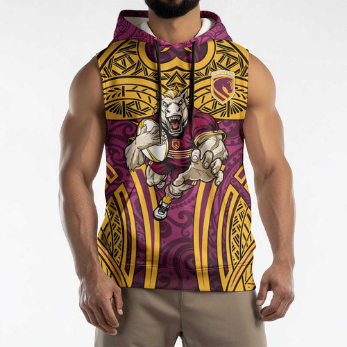 Brisbane Broncos Rugby Sleeveless Hoodie Polynesian Tribal Pattern Warrior Horse Maroon Gold Pattern