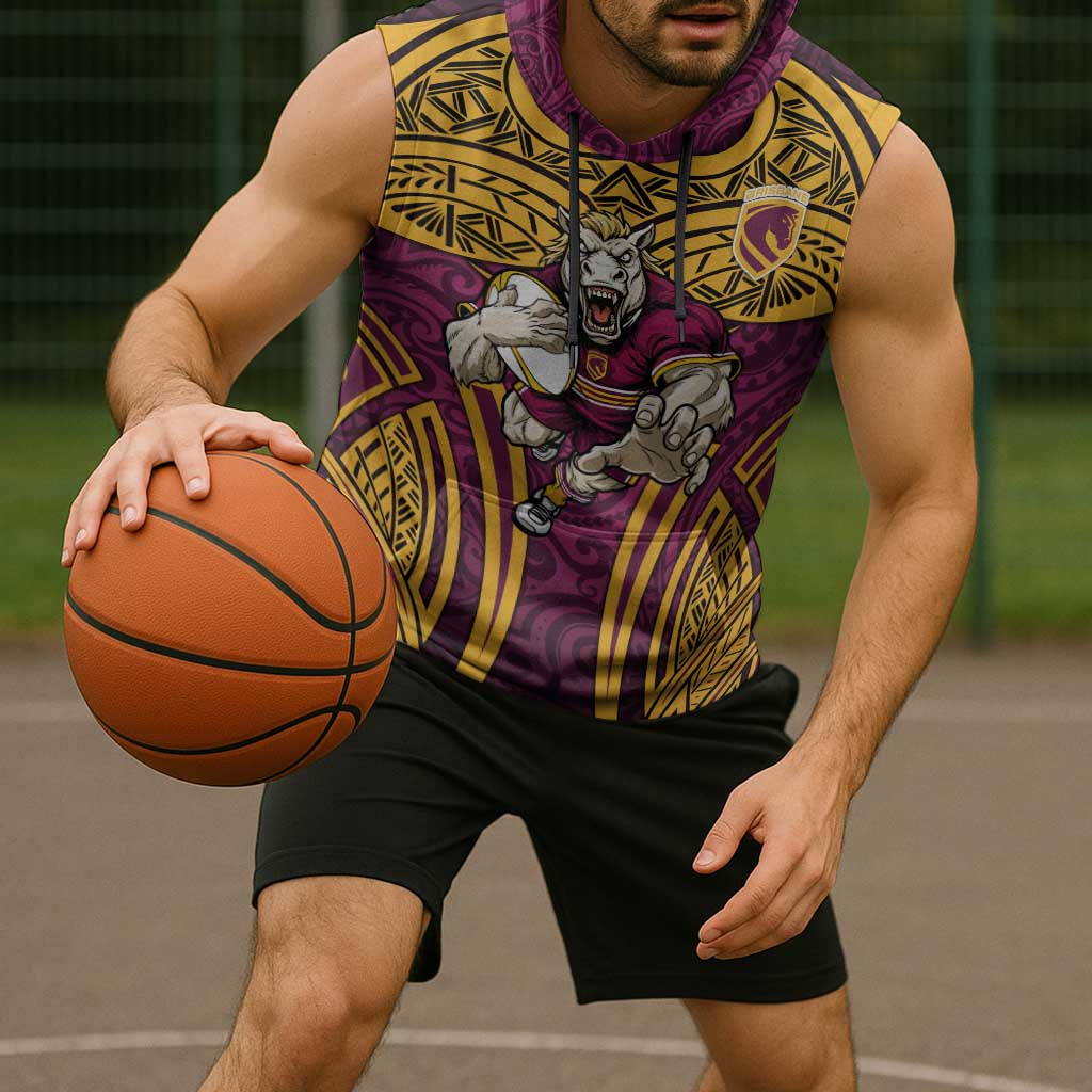 Brisbane Broncos Rugby Sleeveless Hoodie Polynesian Tribal Pattern Warrior Horse Maroon Gold Pattern
