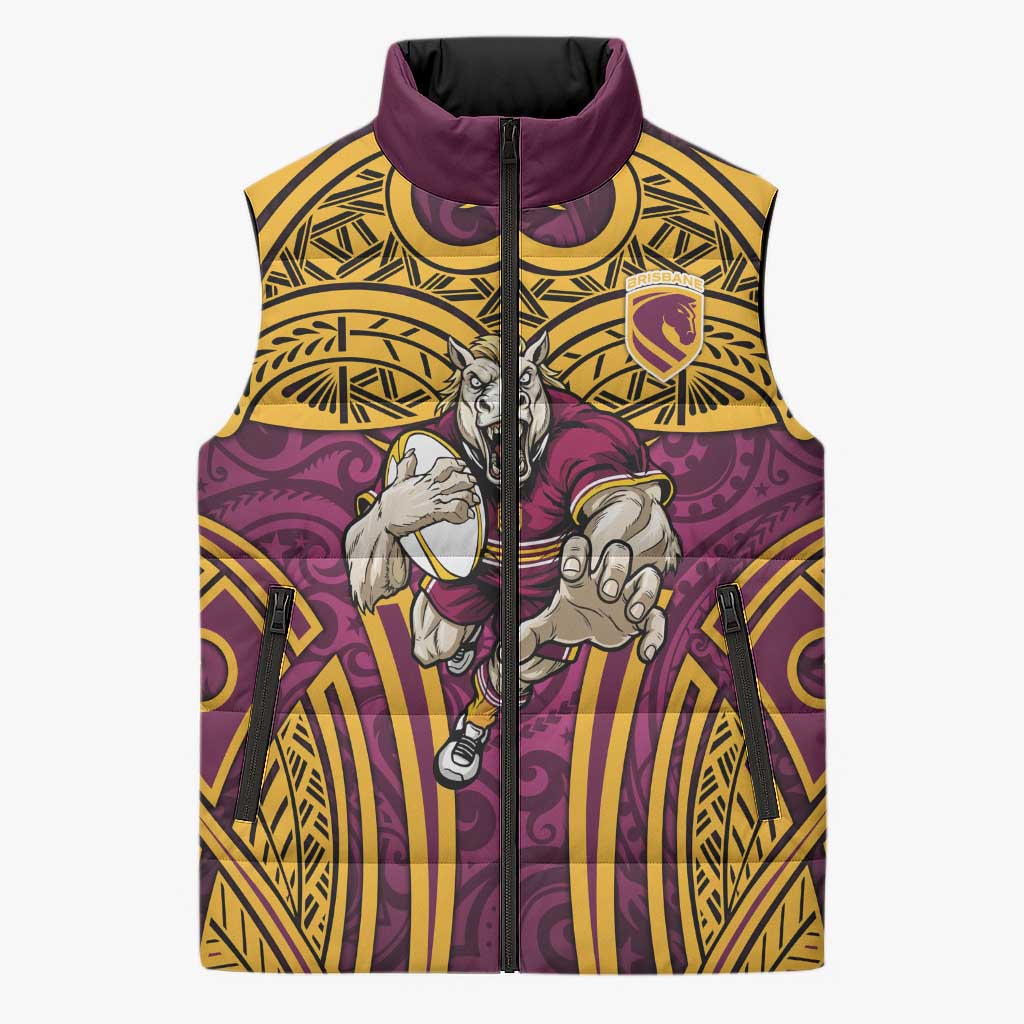 Brisbane Broncos Rugby Sleeveless Puffer Jacket Polynesian Tribal Pattern Warrior Horse Maroon Gold Pattern