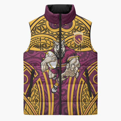 Brisbane Broncos Rugby Sleeveless Puffer Jacket Polynesian Tribal Pattern Warrior Horse Maroon Gold Pattern