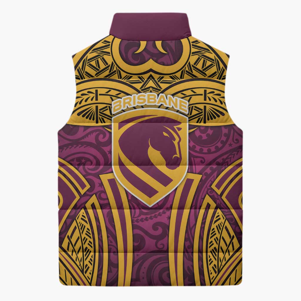 Brisbane Broncos Rugby Sleeveless Puffer Jacket Polynesian Tribal Pattern Warrior Horse Maroon Gold Pattern