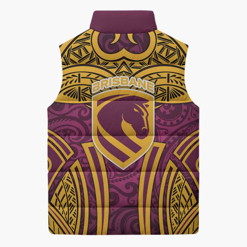 Brisbane Broncos Rugby Sleeveless Puffer Jacket Polynesian Tribal Pattern Warrior Horse Maroon Gold Pattern