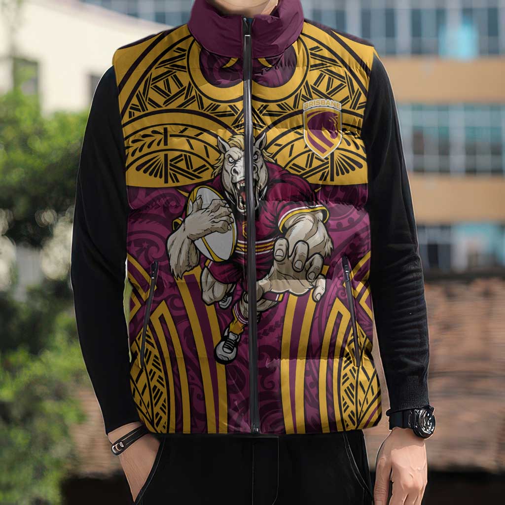 Brisbane Broncos Rugby Sleeveless Puffer Jacket Polynesian Tribal Pattern Warrior Horse Maroon Gold Pattern