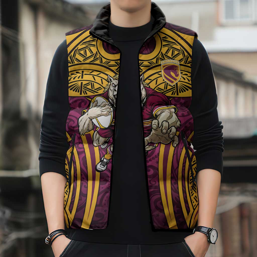Brisbane Broncos Rugby Sleeveless Puffer Jacket Polynesian Tribal Pattern Warrior Horse Maroon Gold Pattern