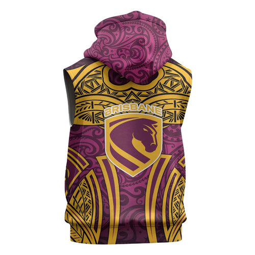 Brisbane Broncos Rugby Sleeveless Zip Hoodie Polynesian Tribal Pattern Warrior Horse Maroon Gold Pattern