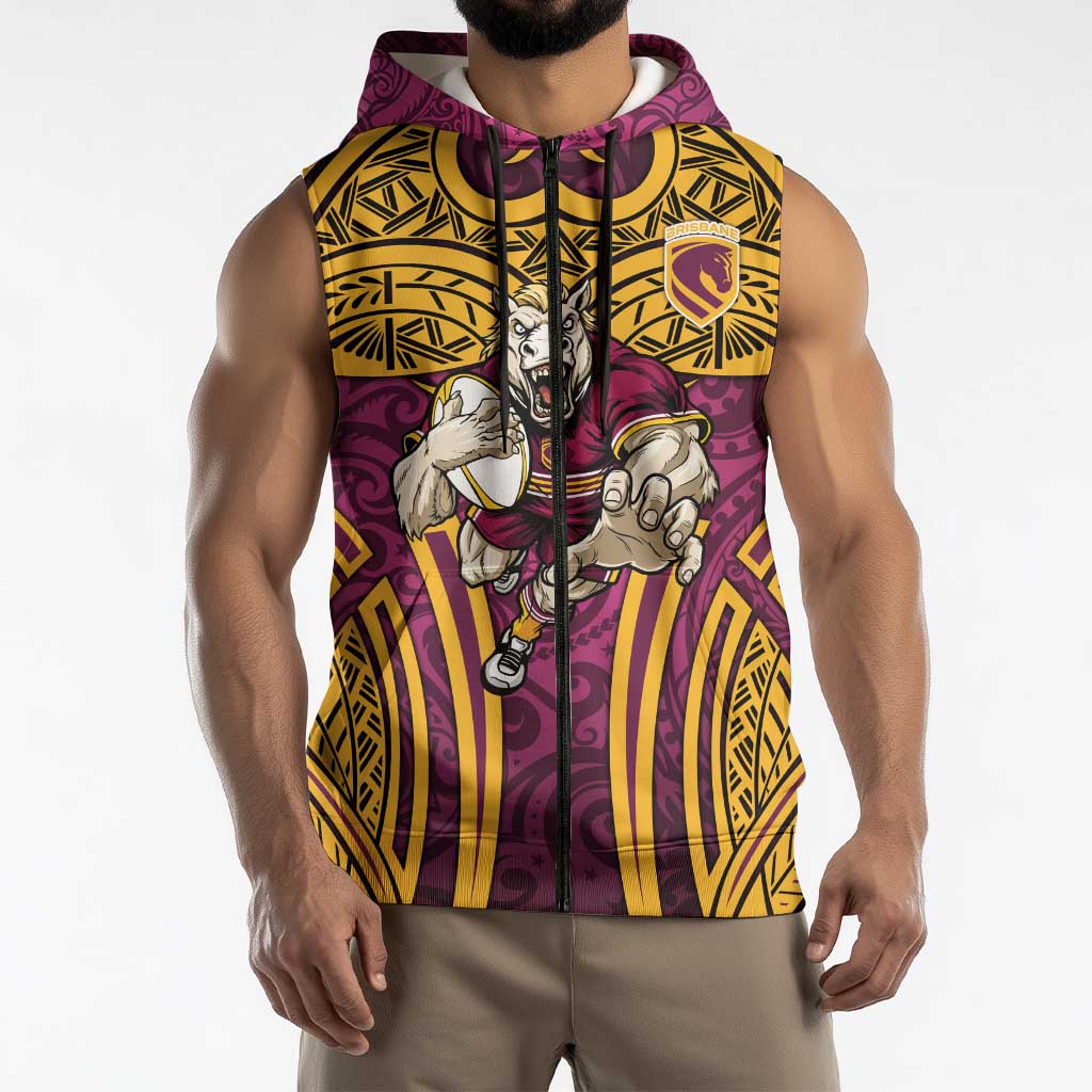 Brisbane Broncos Rugby Sleeveless Zip Hoodie Polynesian Tribal Pattern Warrior Horse Maroon Gold Pattern