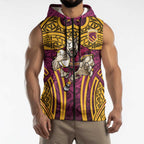 Brisbane Broncos Rugby Sleeveless Zip Hoodie Polynesian Tribal Pattern Warrior Horse Maroon Gold Pattern