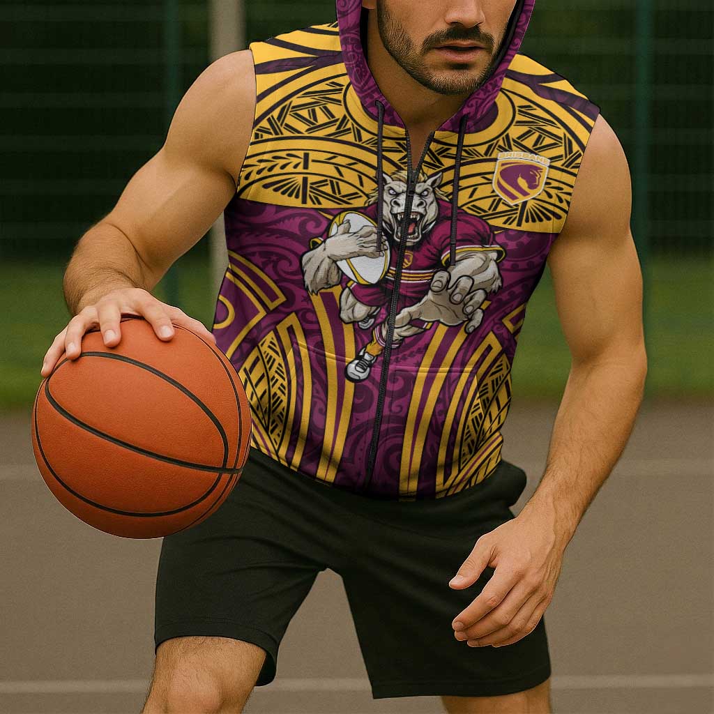 Brisbane Broncos Rugby Sleeveless Zip Hoodie Polynesian Tribal Pattern Warrior Horse Maroon Gold Pattern