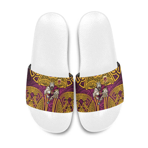 Brisbane Broncos Rugby Slide Sandals Polynesian Tribal Pattern Warrior Horse Maroon Gold Pattern