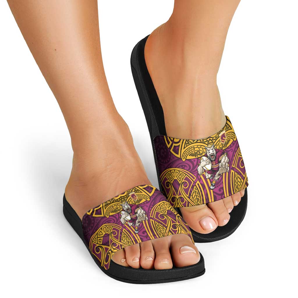 Brisbane Broncos Rugby Slide Sandals Polynesian Tribal Pattern Warrior Horse Maroon Gold Pattern